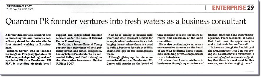 Press Cutting 02 from the Birmingham Post and Mail on The Edward Carter Consultancy for Business Consultant,  Strategic Board Support, Crisis and Interim Management, Independent Director Services, Company Turnaround in Birmingham West Midlands UK